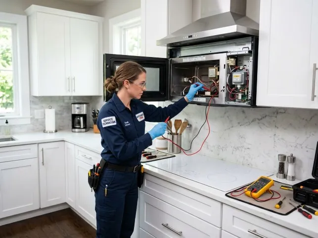 Appliance Repair Hero technician testing an over-the-range microwave in a Bosque Farms, NM kitchen